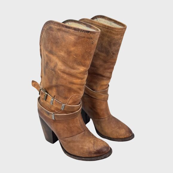 Freebird By Steven Western Boots Brown Teagan Leather Buckle Heeled Cowgirl 10 - Picture 1 of 10